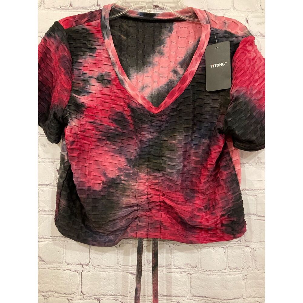 Yitong Women L/XL Tie Dye Athletic Top Pink Black Textured Moisture Wick NWT
